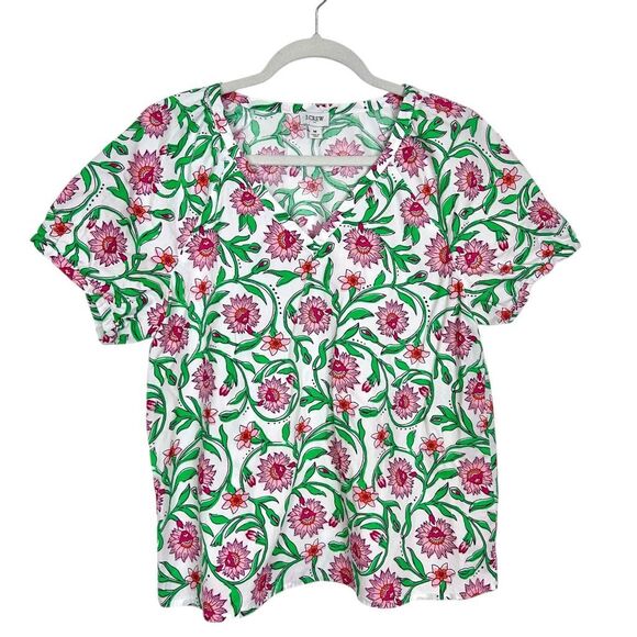 J. Crew Blouse Cotton poplin top Pink Green Floral White Lotus Bloom Medium M - Picture 4 of 14